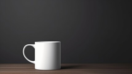 White mug on wooden table against black background. Mockup for design