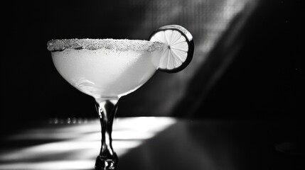  a black and white photo of a drink with a slice of lemon on the rim of the glass and a shadow of the glass on the wall behind the glass.