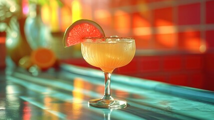  a drink sitting on top of a counter next to a glass filled with a liquid and a slice of grapefruit on top of the glass next to it.