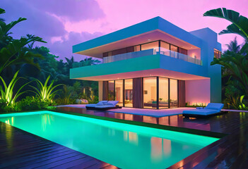 Fototapeta premium Luxurious tropical villa with swimming pool and exquisite architecture in a lush green garden, evening lighting of the relaxation area,
