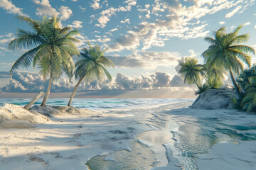 Generate a relief of a beach with palm trees in the foreground