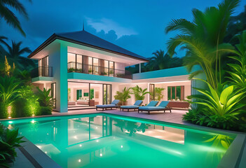 Fototapeta premium Luxurious tropical villa with swimming pool and exquisite architecture in a lush green garden, evening lighting of the relaxation area,