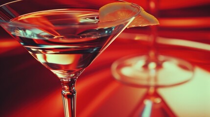  a close up of a martini glass with a slice of lemon on the rim and a wine glass with a wine glass in front of it and a red background. - obrazy, fototapety, plakaty