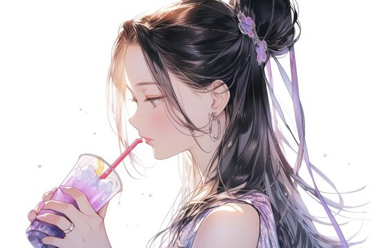 illustration. Asian girl drinks taro milk tea. purple bubble milk tea. ice Gummy cold drink. Bubble Boba Latte Taro