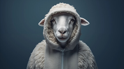 Schaf-Portrait in Woll-Kapuzen-Pullover. Vor blau-grauem Hintergrund. Illustration