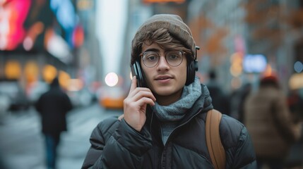 Fototapeta premium A young man walks along a city street and calls on the phone while looking at the camera
