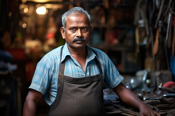 Obraz premium Portrait of a dedicated tool and die maker amidst his well-used machinery and tools in a bustling workshop
