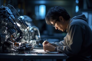 A portrait of a focused Robotics Technician amidst a sea of robotic components in a state-of-the-art lab