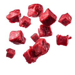 Falling meat beef cubes. Isolated on transparent background.