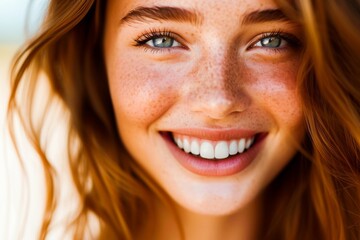 Close-up portrait of a joyful young woman with freckles smiling brightly, showcasing natural beauty and happiness. - obrazy, fototapety, plakaty