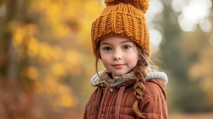 A young girl with chestnut hair wearing a cozy knit hat strolls through the park during autumn