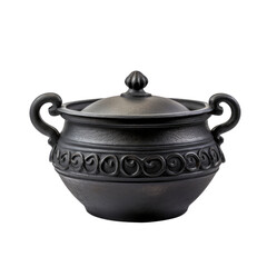 Empty black iron cast cauldron. Isolated on transparent background.
