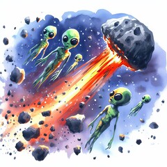 Galactic Catastrophe: Watercolor Scene of Extraterrestrials and Falling Asteroid.