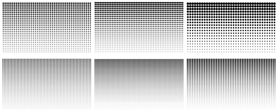 Halftone gradient set. Dotted, rectangle, polygon seamless geometric pattern vector template collection.