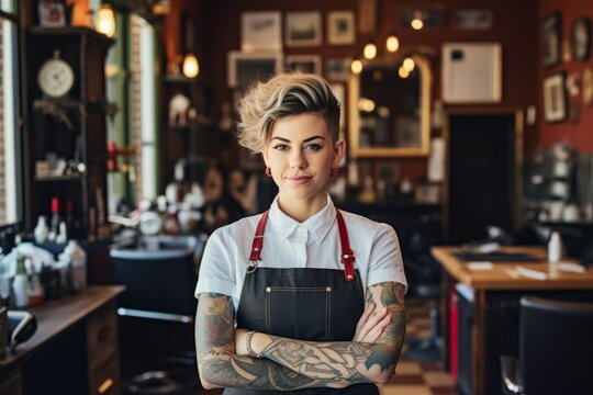 A professional female barber posing in her retro-themed barbershop, filled with classic barbering tools