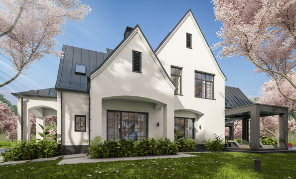 3d rendering of cute cozy white and black modern Tudor style house with parking  and pool for sale or rent. Fresh spring day with a blooming trees with flowers of sakura.