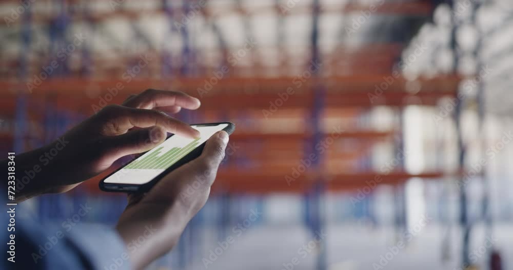 Poster Phone, graphs and hands of man in factory for architecture, engineering or communication online. Building, construction or mobile app with closeup of contractor with screen, logistics and charts