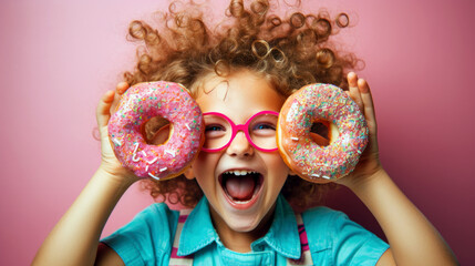 portrait smiling child's face with two Colorful sweet glaze donuts. Generative ai