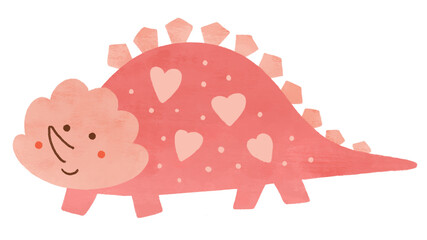 Pink cute watercolor dinosaur with hearts illustration isolated on white background. Hand drawn kids animal illustration. Romantic poster for Valentines day, birthday greeting card, baby shower design