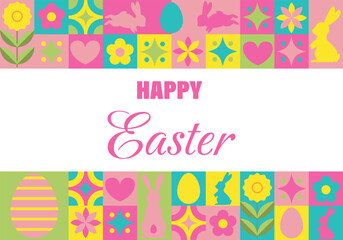 Happy Easter mosaic banner. Modern neo geometric abstract background. Horizontal poster, greeting card, header for website.  Vector illustration