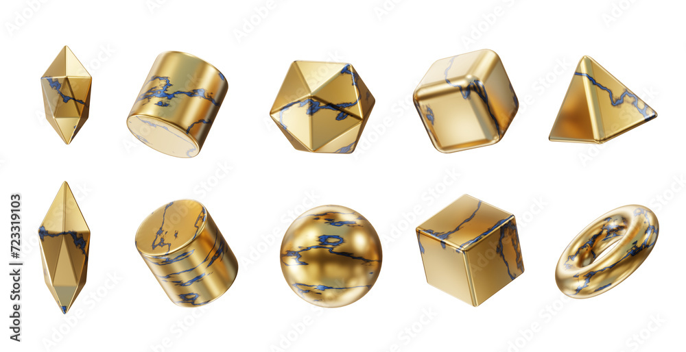 Poster gold object geometry shape set isolated background 3d rendering