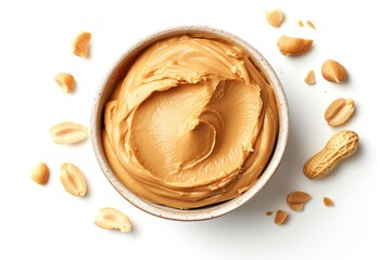 Creamy peanut butter on white background top view - obrazy, fototapety, plakaty