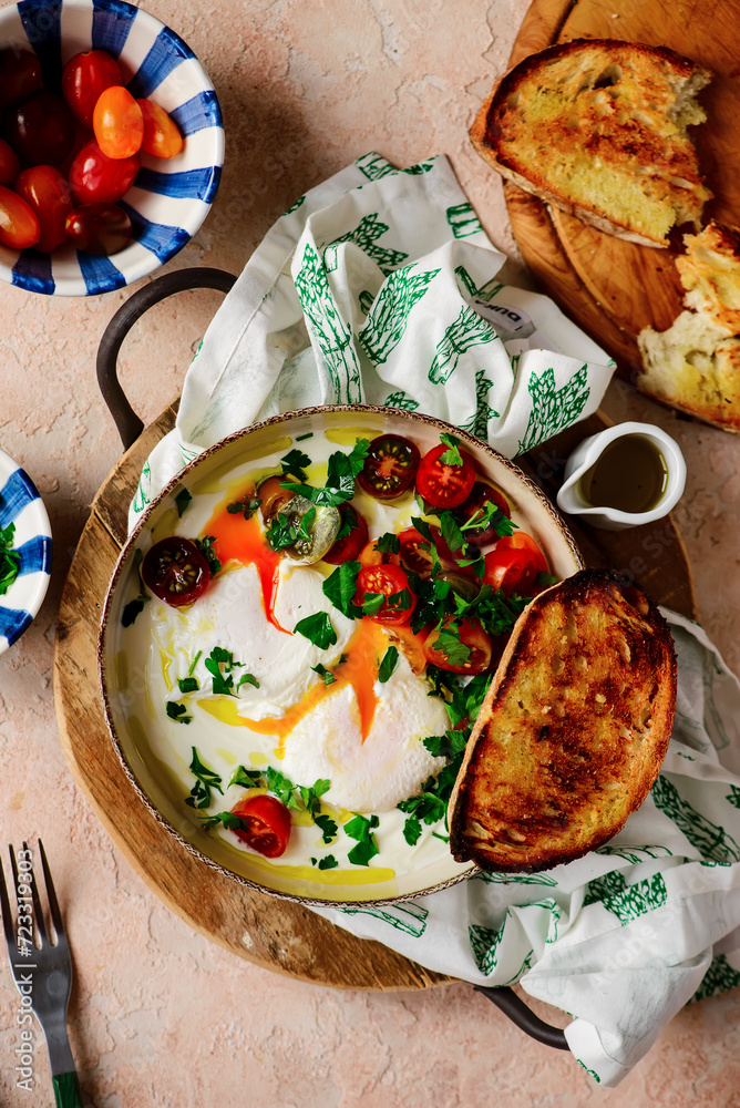 Canvas Prints turkish eggs. cilbir.traditional breakfast dish. selective focus. hugge style