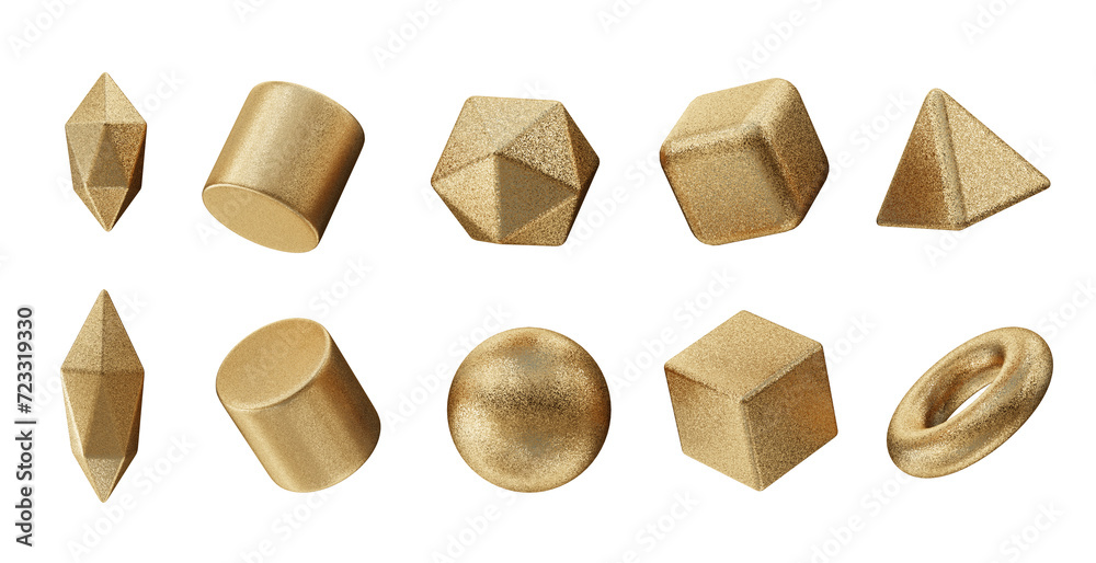 Poster gold object geometry shape set isolated background 3d rendering