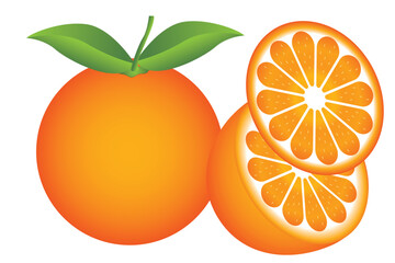 Orange vector, flat slice icon on white background. Illustration of fresh orange, vector. Orange fruit vitamin C. Realistic orange with green leaf. Orange vector illustration.