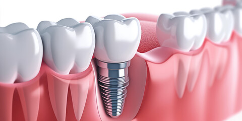 3D Render of a Dental Implant in Jaw, white background with copy space. Detailed illustration of a dental implant in the gum line among natural teeth. - obrazy, fototapety, plakaty
