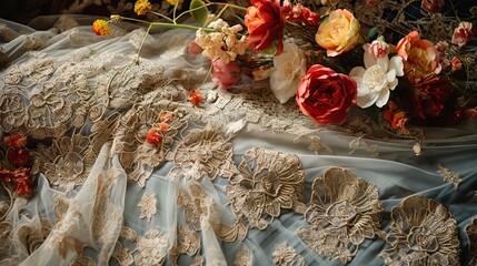 Intricate floral details and rich textures of vintage fabrics, such as lace, embroidery, or tapestries, highlighting their timeless elegance