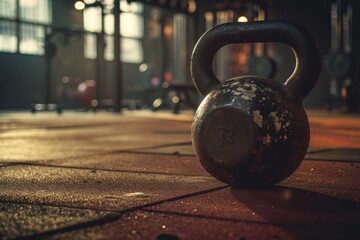 CrossFit gym backdrop with vintage filters adding to a 53 lb kettlebell s moody vibe