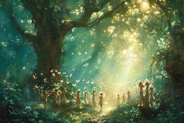 Imagine a whimsical and magical artwork depicting a group of fairies spreading love and joy in a mystical forest filled with sparkling light - obrazy, fototapety, plakaty