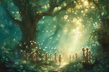 Cercles muraux Forêt des fées Imagine a whimsical and magical artwork depicting a group of fairies spreading love and joy in a mystical forest filled with sparkling light