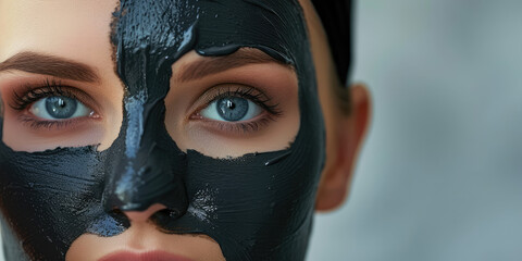 Application of a Black Charcoal Facial Mask on face skin. Close-up view of a woman's face as a black charcoal mask is applied with a brush, copy space.