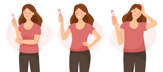 Scenes with a happy and unhappy woman holding a pregnancy test. Positive and negative pregnancy test. Motherhood.