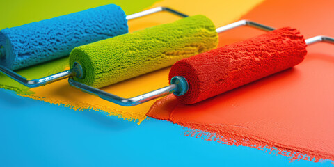 Colorful Paint Rollers on Multicolored Surface. Paint roller applying vibrant hues on a multicolored wall, close-up, simple, banner template with copy space.  - obrazy, fototapety, plakaty