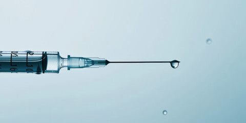 Precision Syringe Dispensing a Single Drop. Macro shot of a syringe needle with a drop of liquid at...