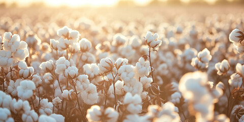 Sunset Glow over Cotton Field. Cotton bolls illuminated by the warm light of sunset in a field. - obrazy, fototapety, plakaty