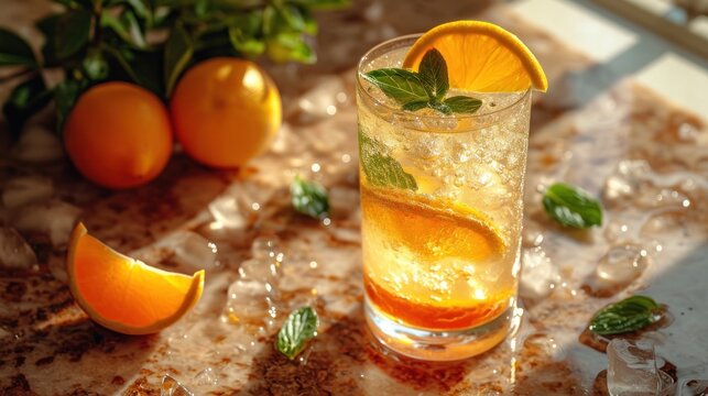  a close up of a drink on a table with oranges in the back ground and leaves on the top of the glass and on the side of the table.
