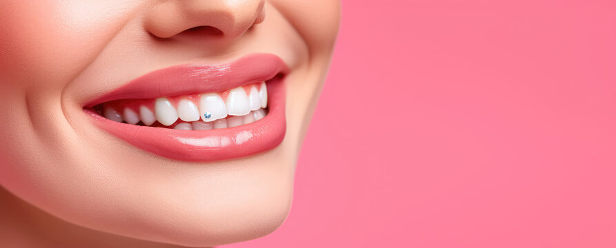 Woman's White Smile with Rhinestone Tooth Decoration. Close-up of a smiling woman's mouth with a sparkling rhinestone on her tooth, banner template, copy space. 