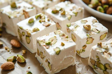 Fotobehang Delicious confections filled with dried almonds and pistachio nuts covered in white chocolate © The Big L
