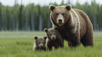 brown bear sitting on the ground, Experience the awe-inspiring beauty of a Brown bear, ursus arctos, mother and her two playful cubs on a sprawling green meadow