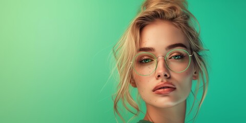 Clean green background with beautiful blond woman wearing fashion eyeglasses girl banner, Generative AI
