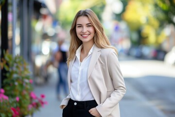 Young happy pretty smiling professional business woman, happy confident positive female entrepreneur standing outdoor on street hands in pockets, looking at camera,