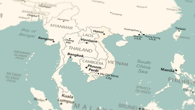 Vietnam on the world map. Smooth map rotation. 4K animation.