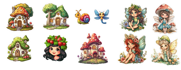 Set of stickers, isolated on transparent background "Fairies and their houses", in the style of children's illustration, generated AI
