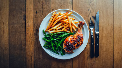 assiette vue de dessus avec un repas équilibré, poulet, frittes et haricots verts - obrazy, fototapety, plakaty
