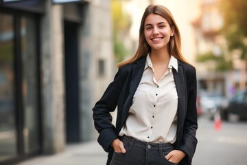 Fototapeta premium Young happy pretty smiling professional business woman, happy confident positive female entrepreneur standing outdoor on street hands in pockets, looking at camera, 