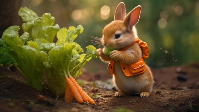 Cute bunny in a garden with carrots

